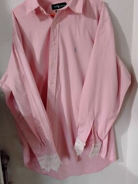 Ralph Lauren Light Pink Button-Up Shirt with Lace Cuffs